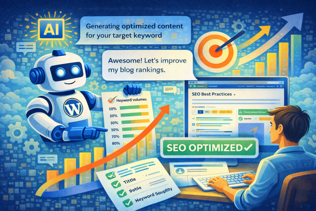 AI SEO optimization for WordPress blogs showing keyword targeting, content improvement, and ranking growth