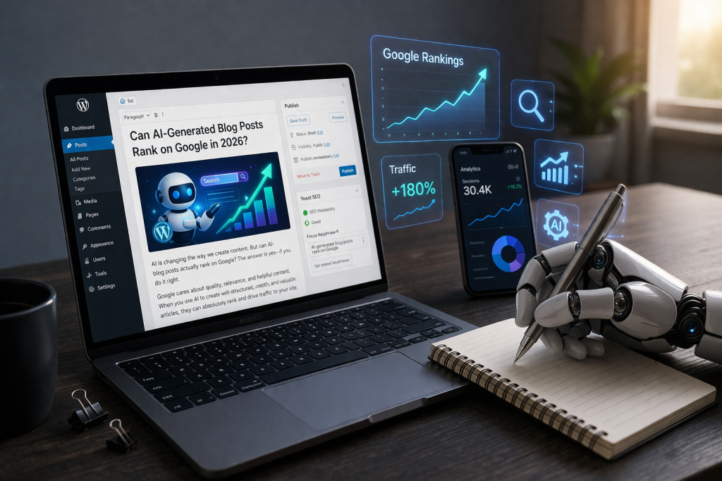 AI-generated blog content creation with SEO analytics and Google ranking growth visualization