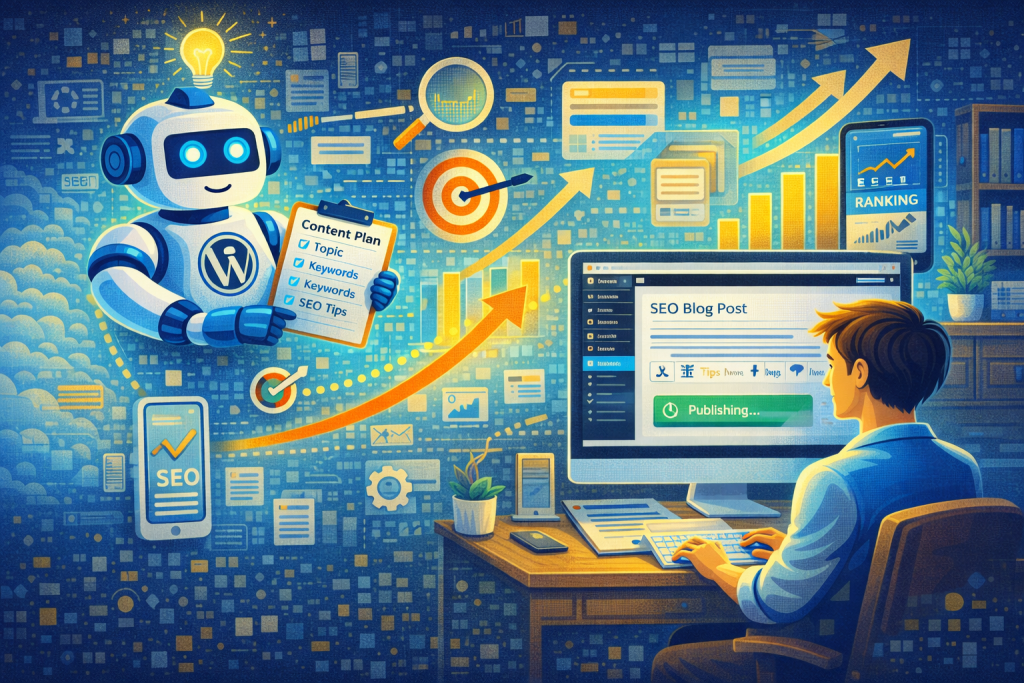 AI WordPress blogging workflow showing content planning, SEO optimization, and blog publishing with ranking growth
