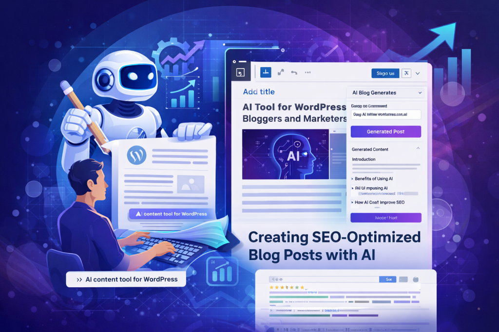 AI content tool for WordPress bloggers creating SEO-optimized blog posts with automation and dashboard interface