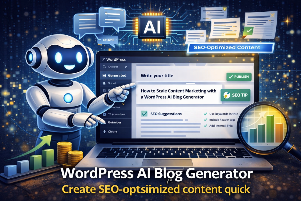 WordPress AI blog generator creating SEO-optimized content automatically with analytics and growth charts