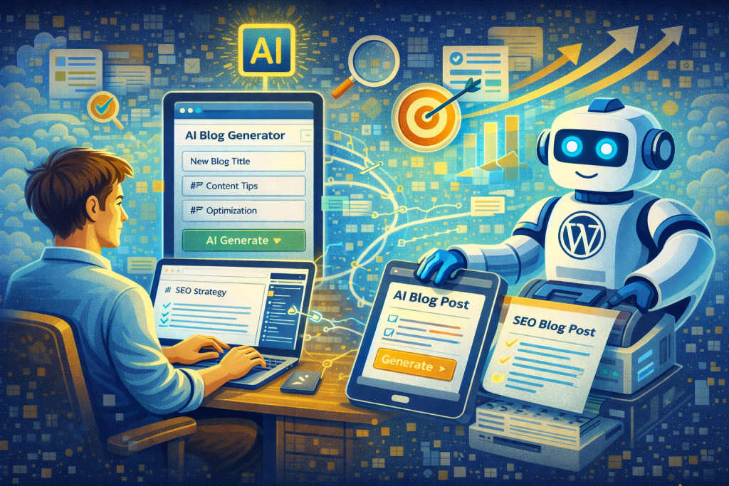 AI blog generator for WordPress creating SEO-optimized blog posts with keyword targeting and content automation