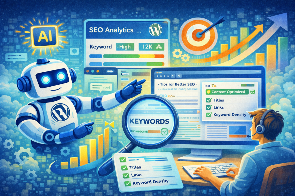 AI SEO analytics dashboard for WordPress blogs showing keyword research, content optimization, and ranking growth