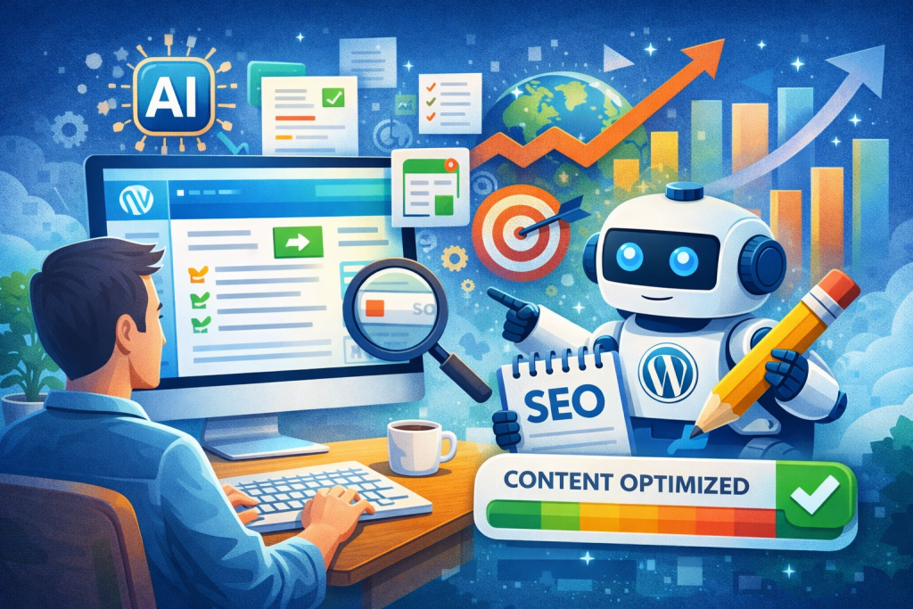 AI-powered WordPress SEO workflow showing content optimization, keyword targeting, and blog ranking improvements