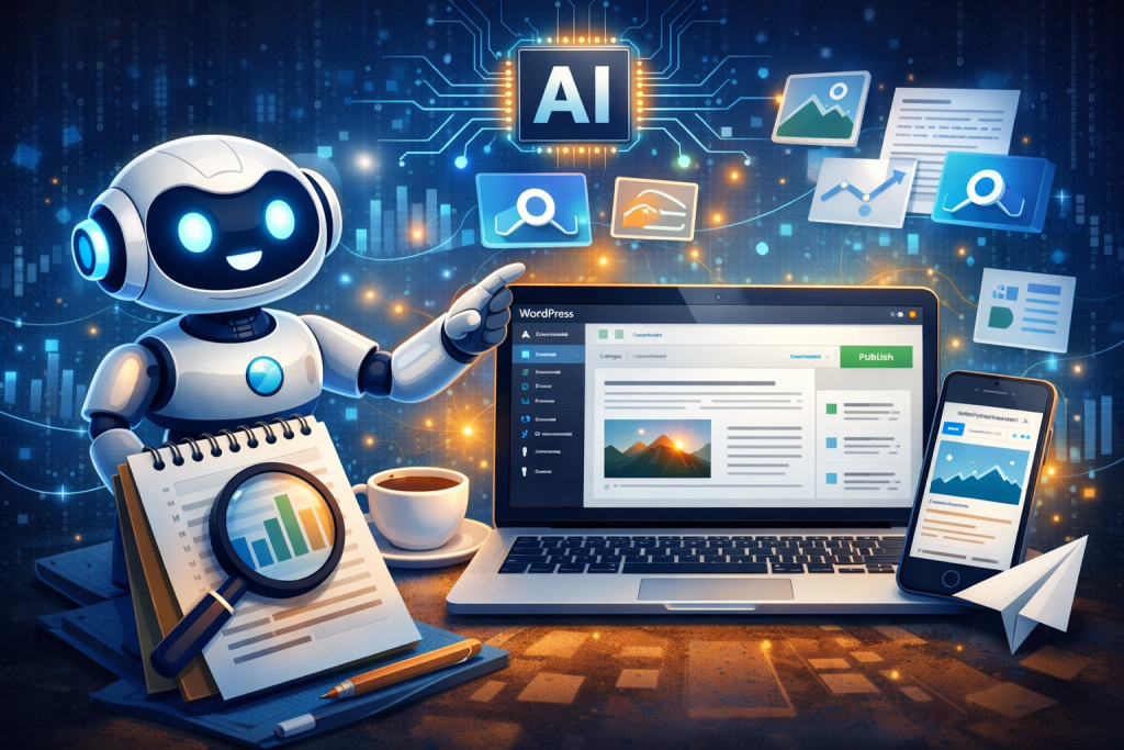 AI content automation for WordPress with robot generating SEO blog posts on computer dashboard