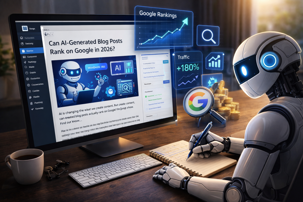 AI-generated blog content creation with SEO analytics dashboard and rising Google search rankings on computer screen