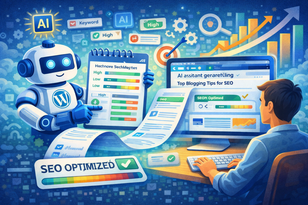 AI WordPress SEO workflow showing keyword research, content optimization, and AI-generated blog planning dashboard