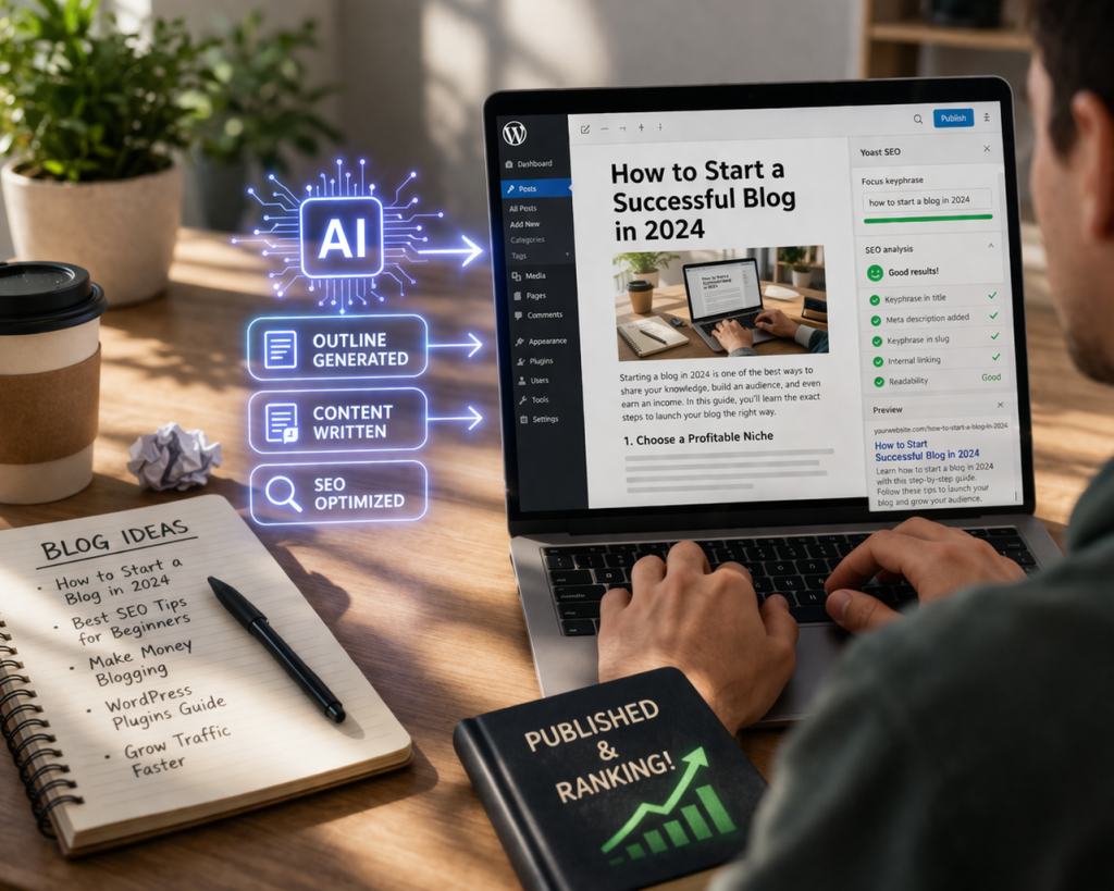 AI generating blog content from ideas with SEO optimization and automated WordPress publishing workflow