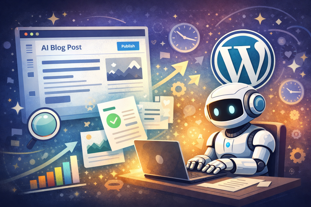 ai writing blog posts in wordpress dashboard with automation tools and seo optimization