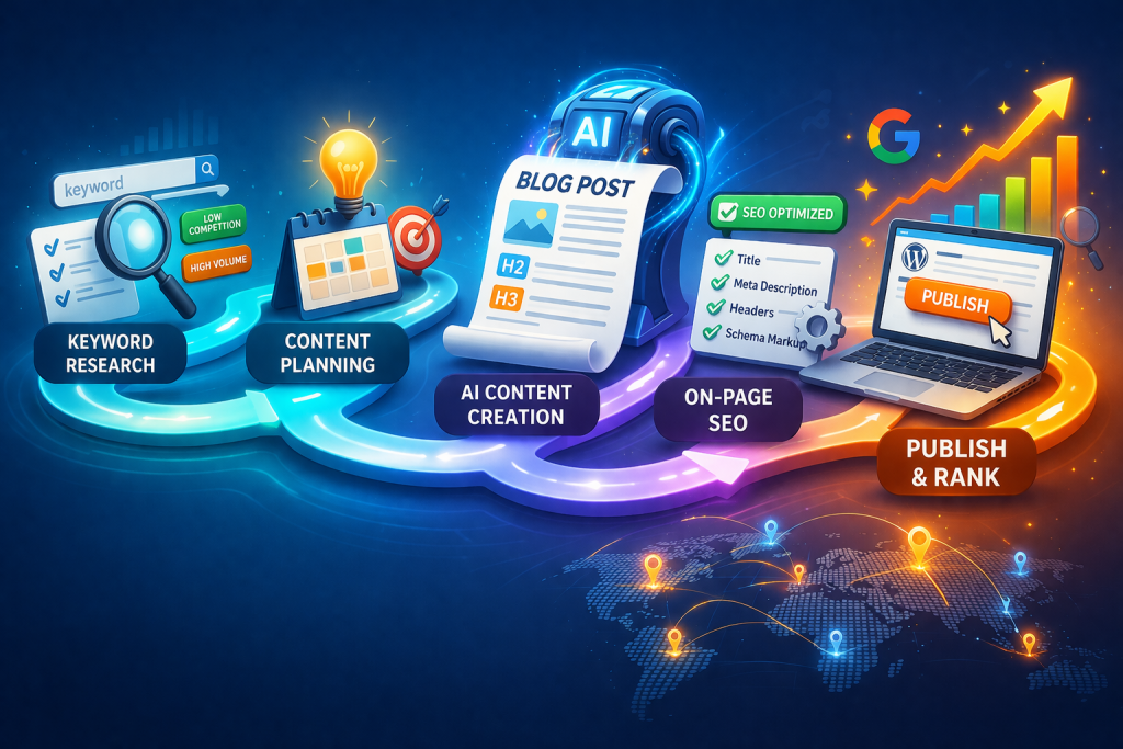 SEO content workflow for WordPress bloggers showing keyword research, AI content creation, on-page SEO optimization, and publishing process